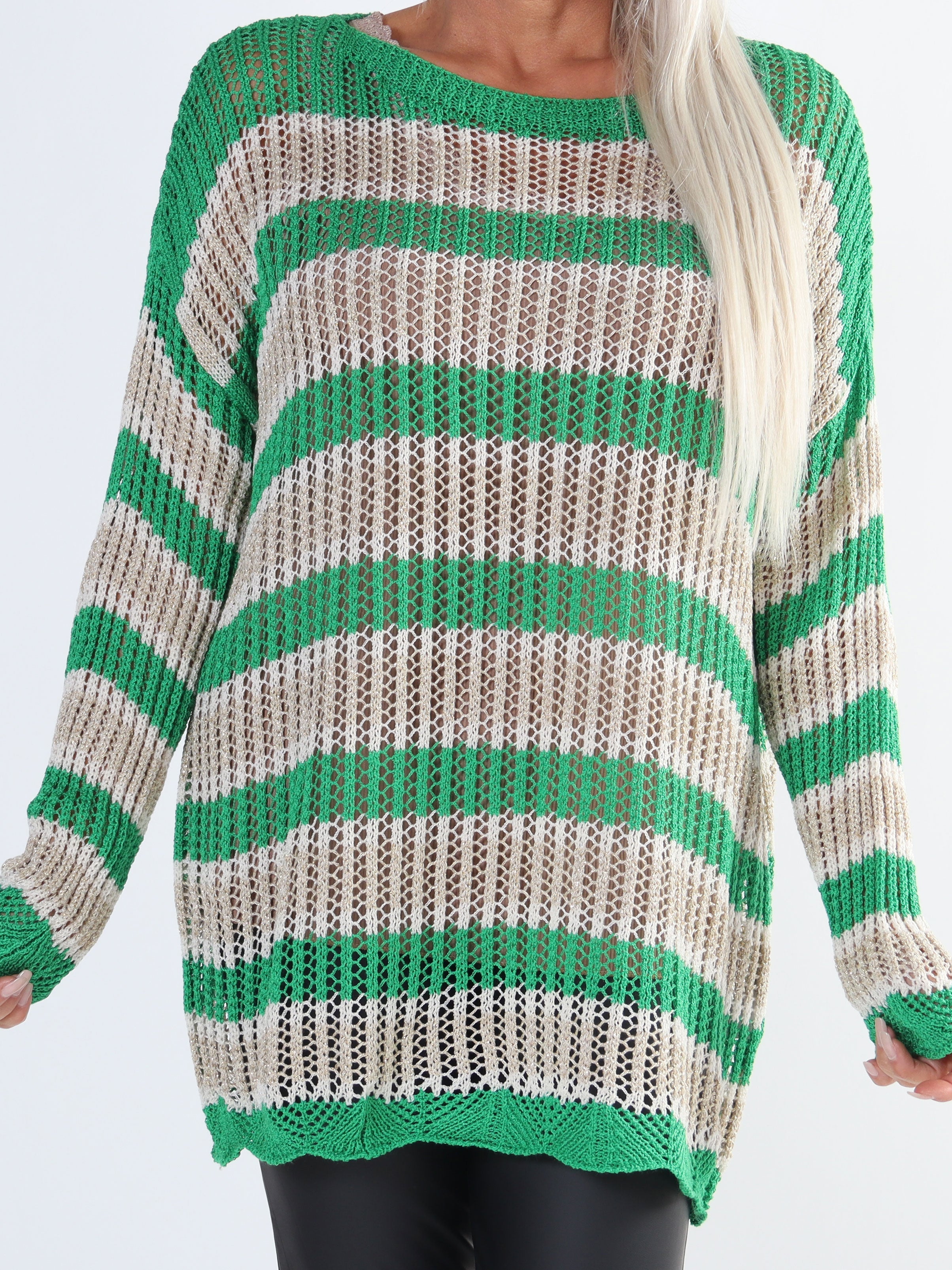 Ania - Plussize randig stickad blus med hål